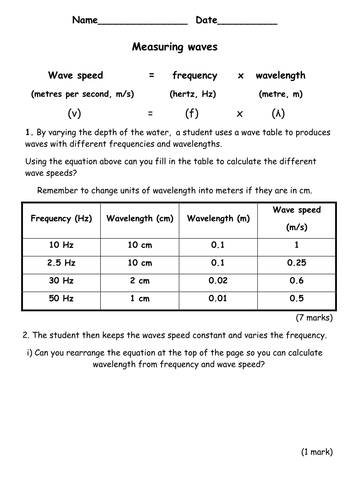 Measuring Wave Speed Frequency Wavelength Teaching Resources