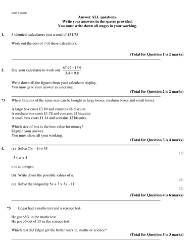 Unit 3H Mock Paper condensed for Edexcel | Teaching Resources