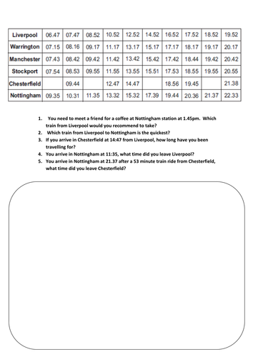 bus and train timetable time problems teaching resources