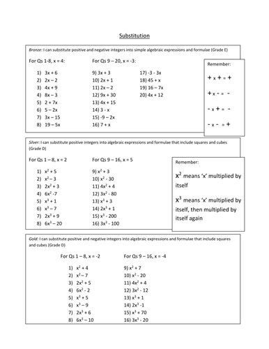Printables Substitution Worksheet substitution differentiated worksheet grade ed by fionajones88 teaching resources tes