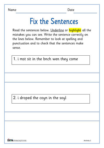 spag fix the sentences by tesprimary teaching resources tes