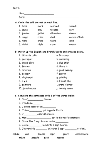 KS3 French end of year revision test | Teaching Resources