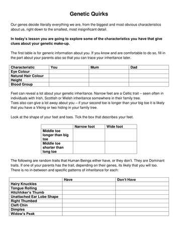 Worksheets Introduction To Genetics Worksheet introduction to genetics by clarajean teaching resources tes genetic quirks sheet 11td docx