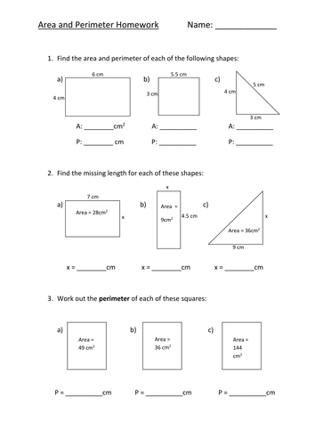 area perimeter homework sheet l5 teaching resources