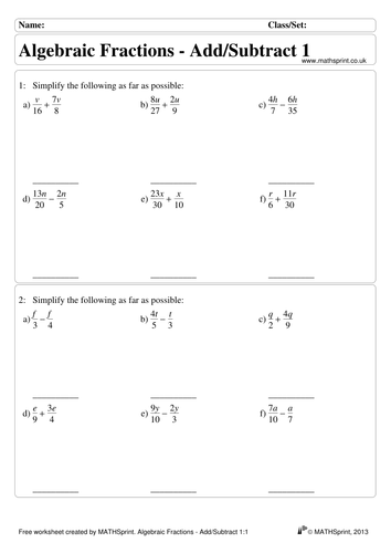 Worksheets Algebraic Fractions Worksheet algebraic fractions practice questions solutions by transfinite a add subtract 1 pdf