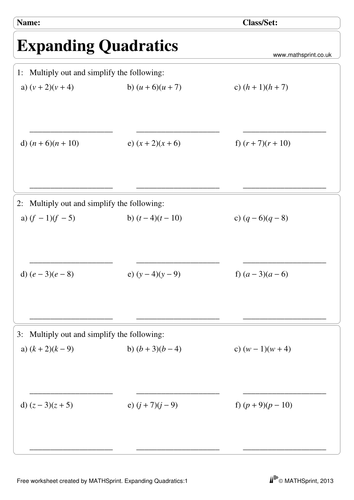 Quadratic Algebra practice questions + solutions | Teaching Resources