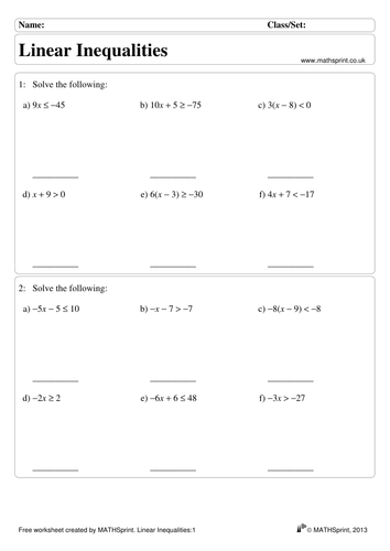 Linear Inequalities practice questions + solutions | Teaching Resources