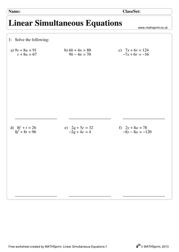 Linear Simultaneous Equations questions +solutions | Teaching Resources