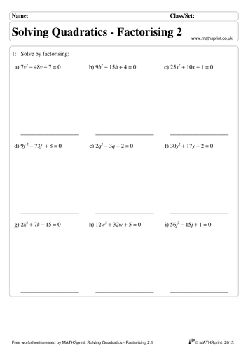 Quadratic Equations Practice Questions Solutions Teaching Resources