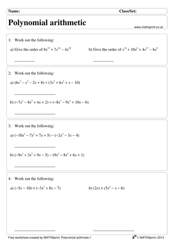 Polynomials practice questions + solutions | Teaching Resources