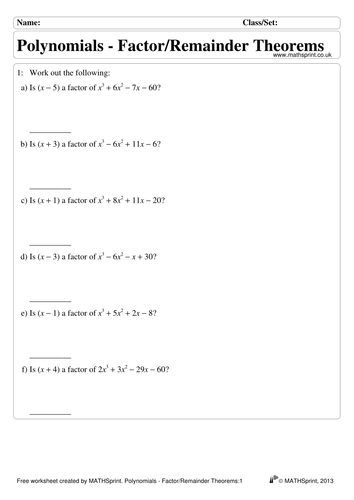 Polynomials practice questions + solutions | Teaching Resources
