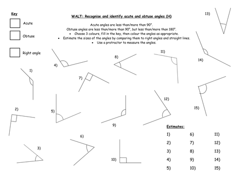 Worksheets Acute Obtuse And Right Angles Worksheets recognising and identifying angles by indiarose26 teaching h docx