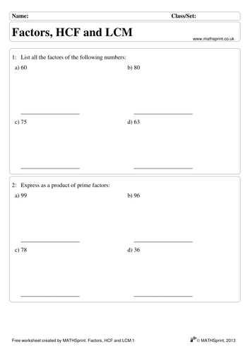 factors lcm hcf practice questions solutions teaching resources