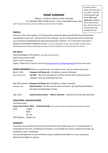 Year 11 model CV template & Example profiles | Teaching ...