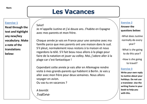 summer holiday homework in french