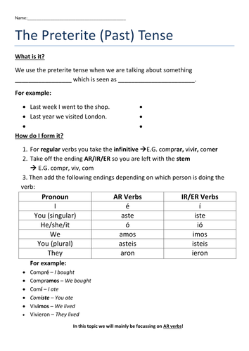 spanish preterite worksheet by dannielle89 teaching resources tes