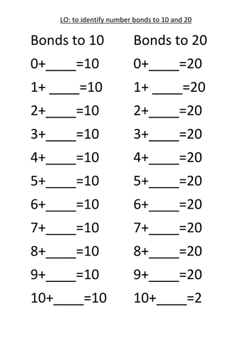 Work Sheets Number Bonds To 10 20 And 100 Teaching Resources