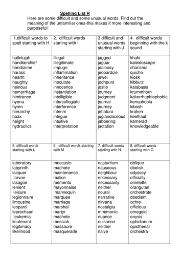 Big spellings list q and r very hard spellings teaching resources