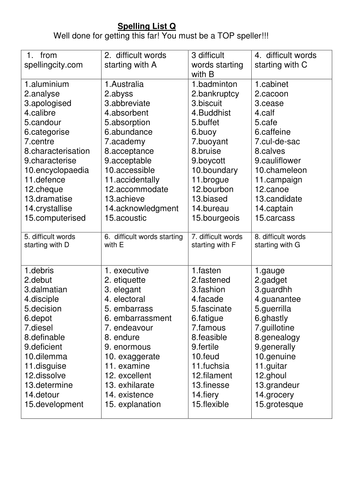 Big Spellings List Q And R Very Hard Spellings Teaching Resources