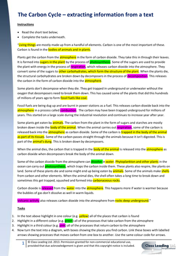 The Carbon Cycle - Extracting info from a text | Teaching Resources
