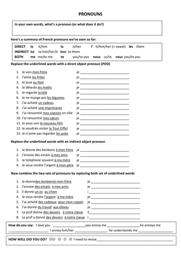 French Direct And Indirect Object Pronouns Printable Worksheet