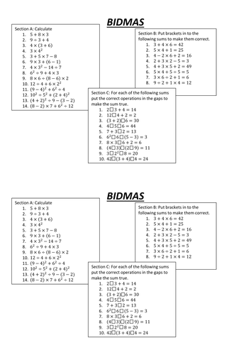 bidmas homework year 6