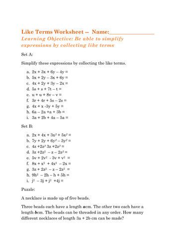 Collecting Like Terms: KS3 Maths expressions | Teaching Resources