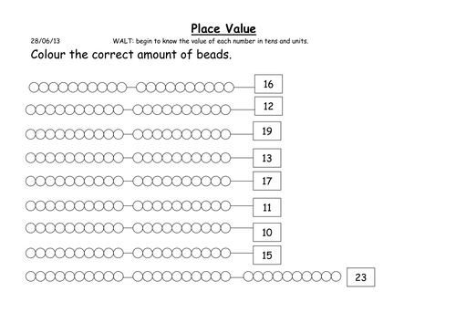 Tens and Units worksheets using beaded string