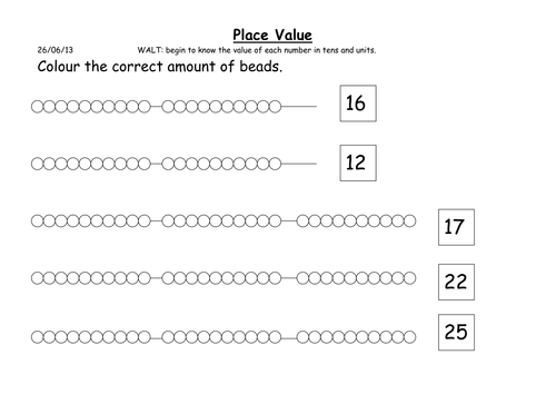 Tens and Units worksheets using beaded string