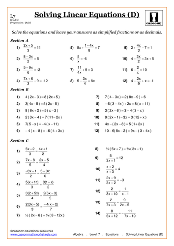 Worksheet Solving Linear Equations Worksheets solving linear equations by cazoommaths teaching resources tes d pdf