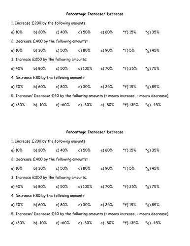 Worksheet on percentage increase and decreases by jhofmannmaths  Teaching Resources  TES