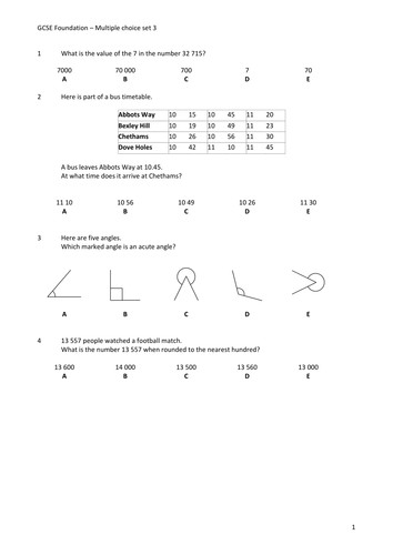 Multiple Choice Questions Foundation GCSE Maths Teaching Resources