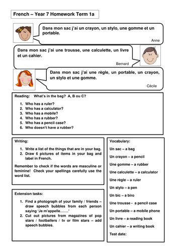 year 7 french homework booklet