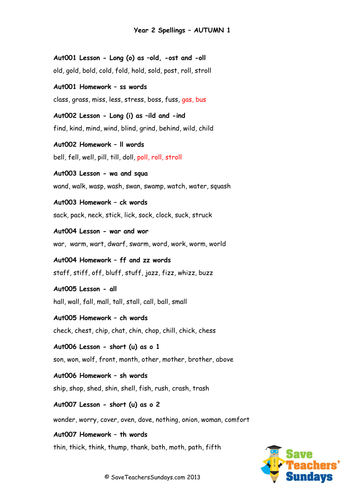 year 2 spellings words lists new 2014 curriculum by