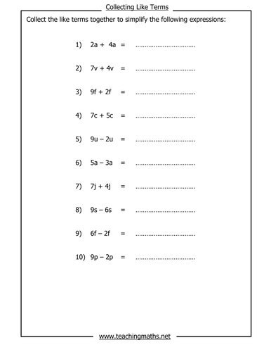 Printables Combining Like Terms Worksheet 6th Grade printables combine like terms worksheet safarmediapps worksheets identifying pichaglobal collecting by teachingmaths teaching resourc