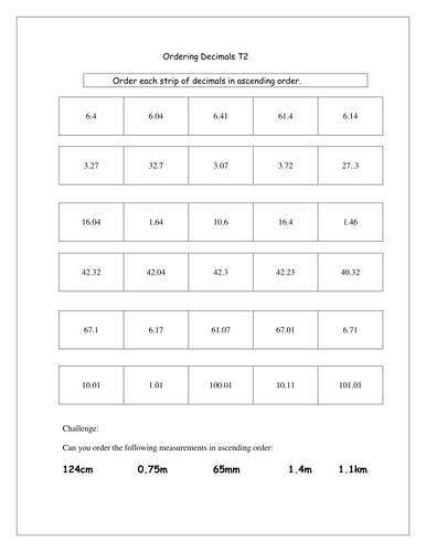 ordering decimal numbers teaching resources