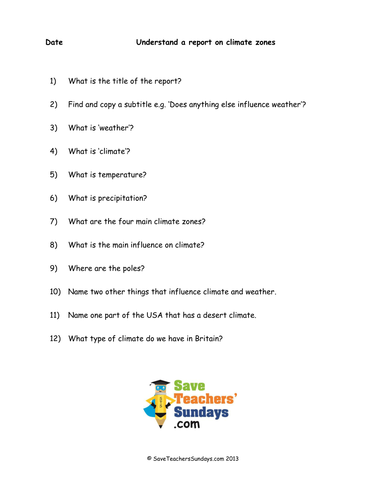 Comprehension / Guided reading on climate zones