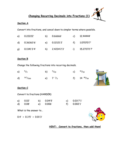 Worksheets Repeating Decimals To Fractions Worksheet changing recurring decimals into fractions by owen134866 15 1 doc