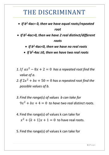 The Discriminant | Teaching Resources