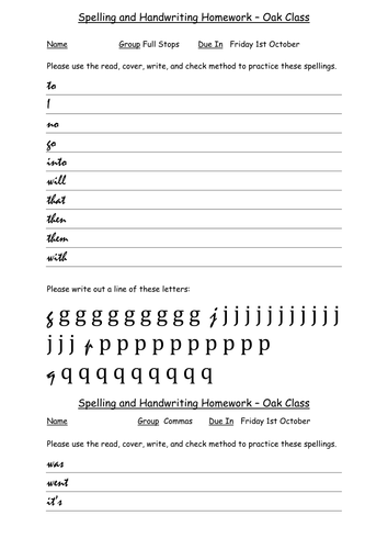 Homework spelling and handwriting sheets by ...