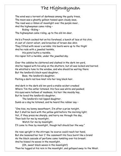 Worksheets Highwayman Poem poetry literary heritage the highwayman by victorjwebb doc