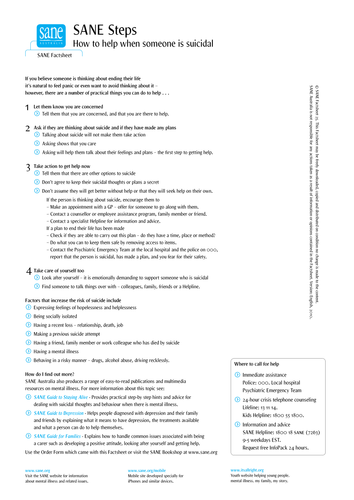 SANE Steps: How to help when someone is suicidal | Teaching Resources