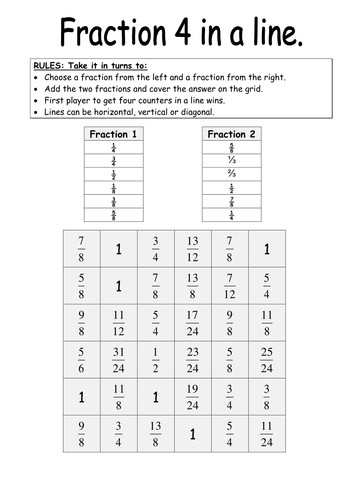 Adding fractions: 4 in a Line | Teaching Resources