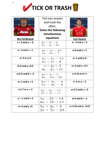 Tick or Trash simultaneous equations