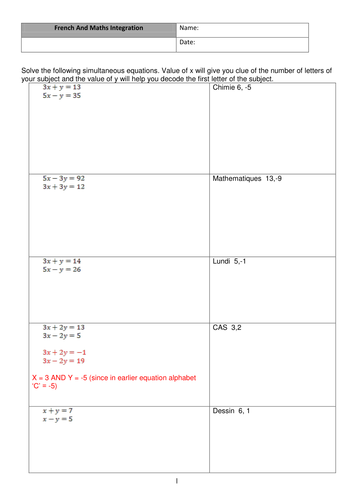 School Subjects in French through Math problems | Teaching Resources