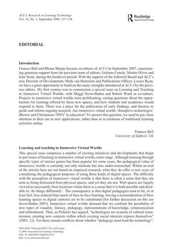 Learning and teaching in Immersive Virtual Worlds | Teaching Resources
