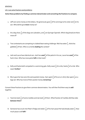 fraction word problems teaching resources
