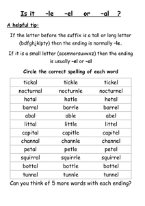 Word Endings -le -el Or -al By Isotope824 - Uk Teaching Resources - Tes