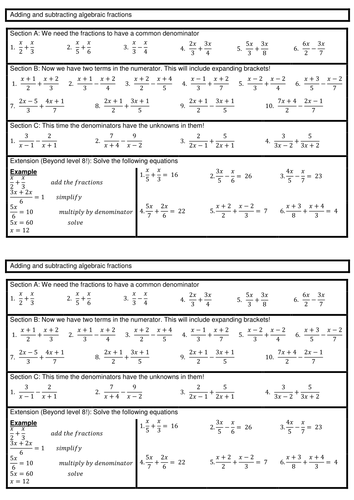 Adding And Subtracting Algebraic Fraction | Teaching Resources