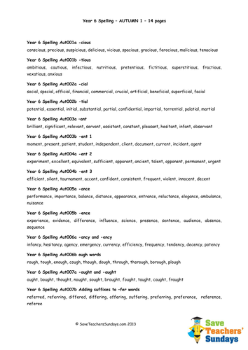 year 6 spellings words lists new 2014 curriculum by